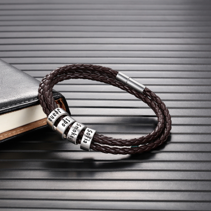 Personalised Braided Leather Bracelet with 2–5 Engraved Name Beads For Him Best Gift For Dad
