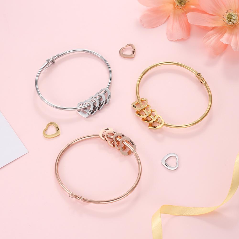 Love Bracelet Bangle Bracelet with 4 Heart Shape Pendant Engraved 4 Names Gift For Mom