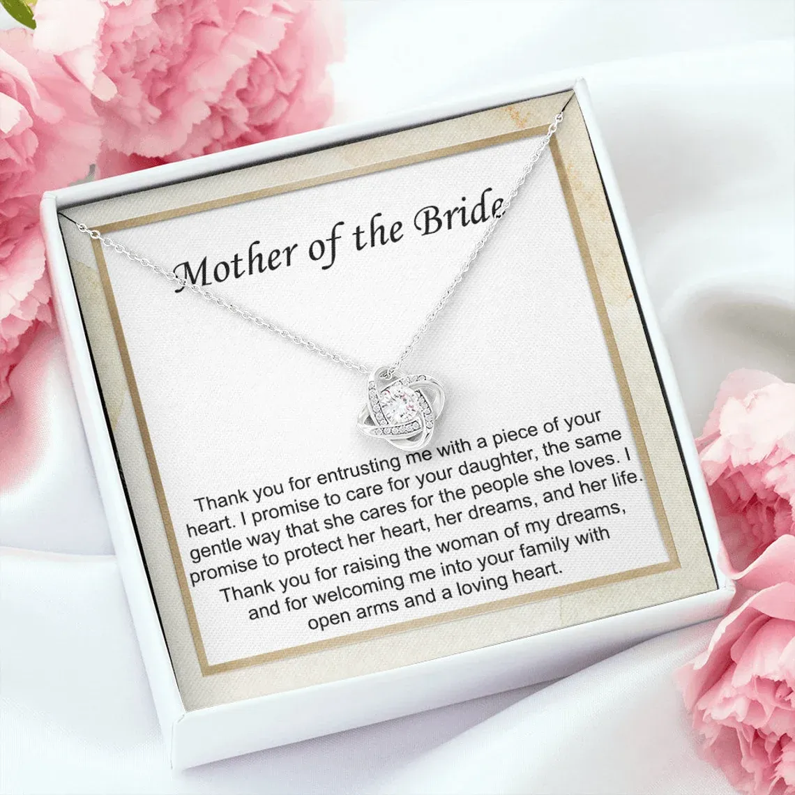 To Mother of Bride - S925 Love Knot Necklace "I Promise To Protect Her Heart" Wedding Gifts From Groom