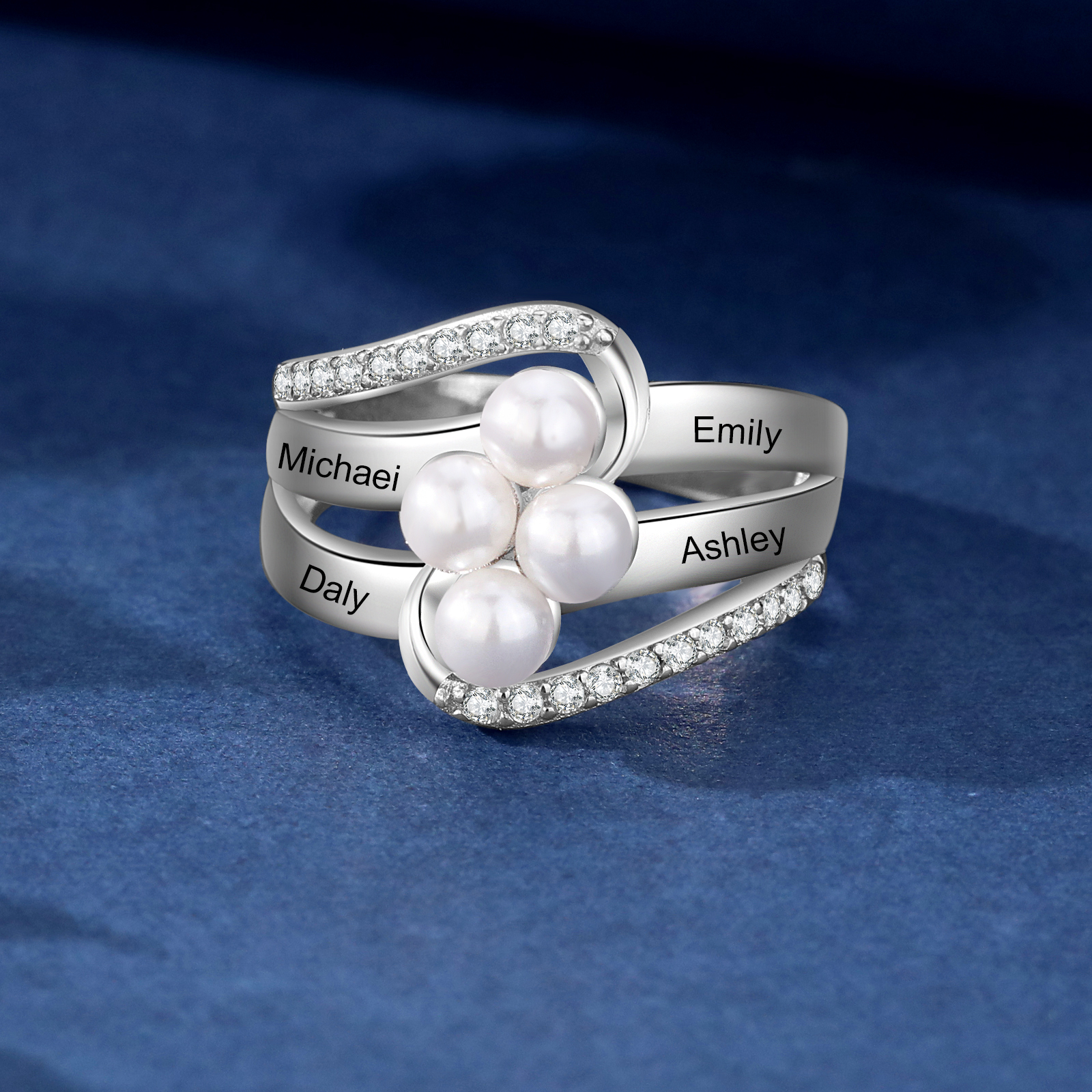 Personalized Pearl Ring Engrave 4 Names Gifts For Her