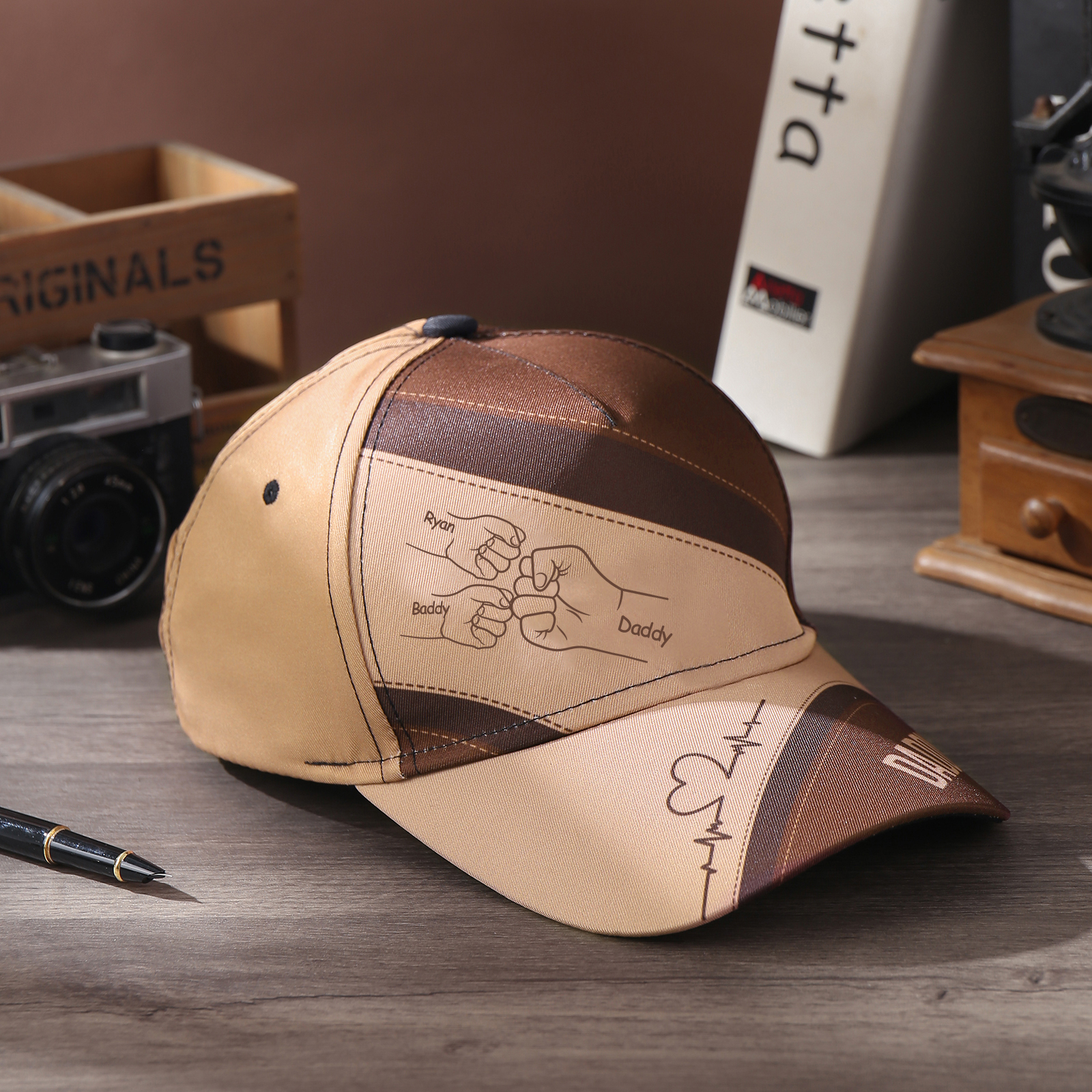 Personalized Fist Bump Classical Baseball Cap Custom 3 Names & 1 Text Snapback Adjustable Gift for Dad/Grandpa/Husband