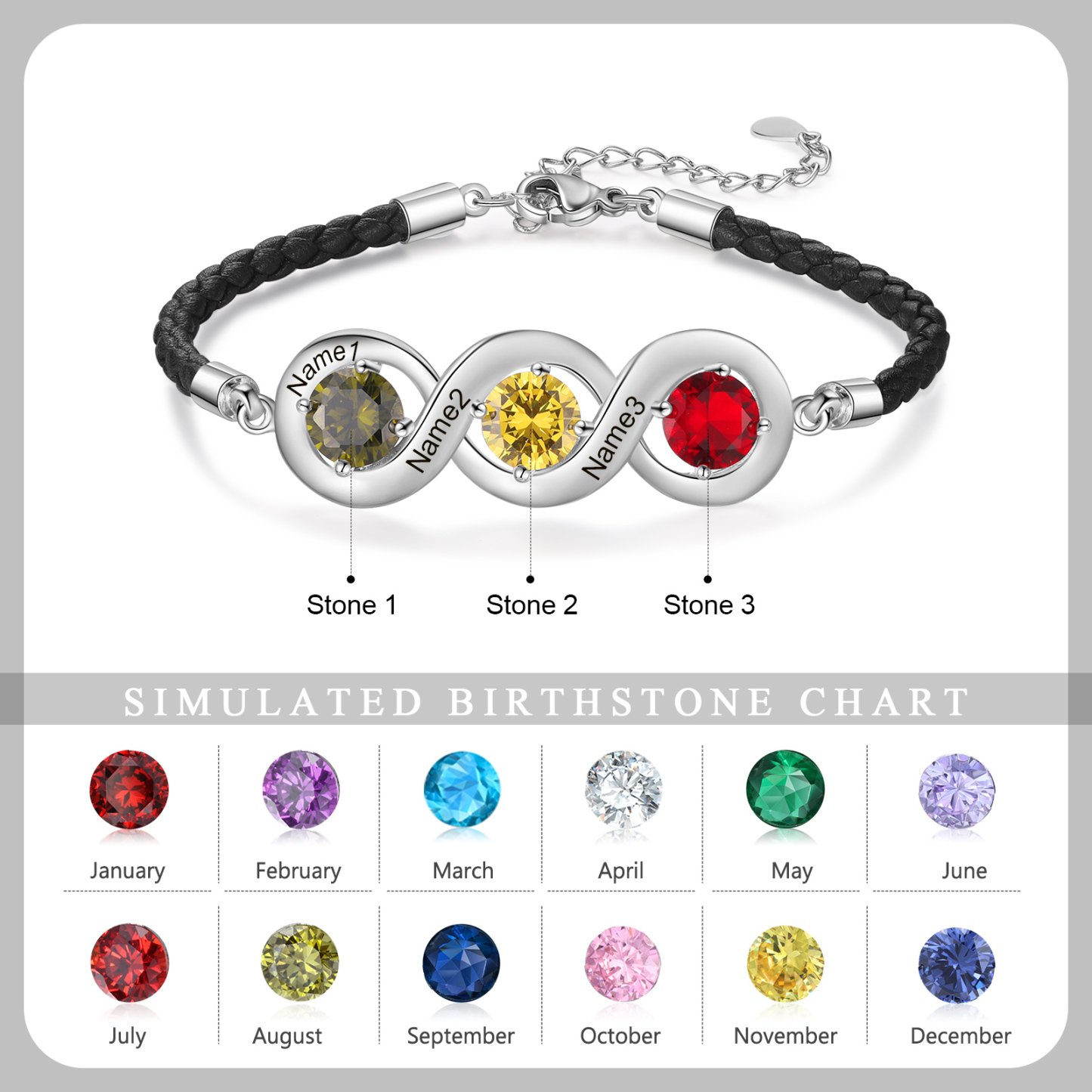 Personalized Infinity Bracelets Custom 3 Birthstones & 3 Names Adjustable Bracelet Gift for Her
