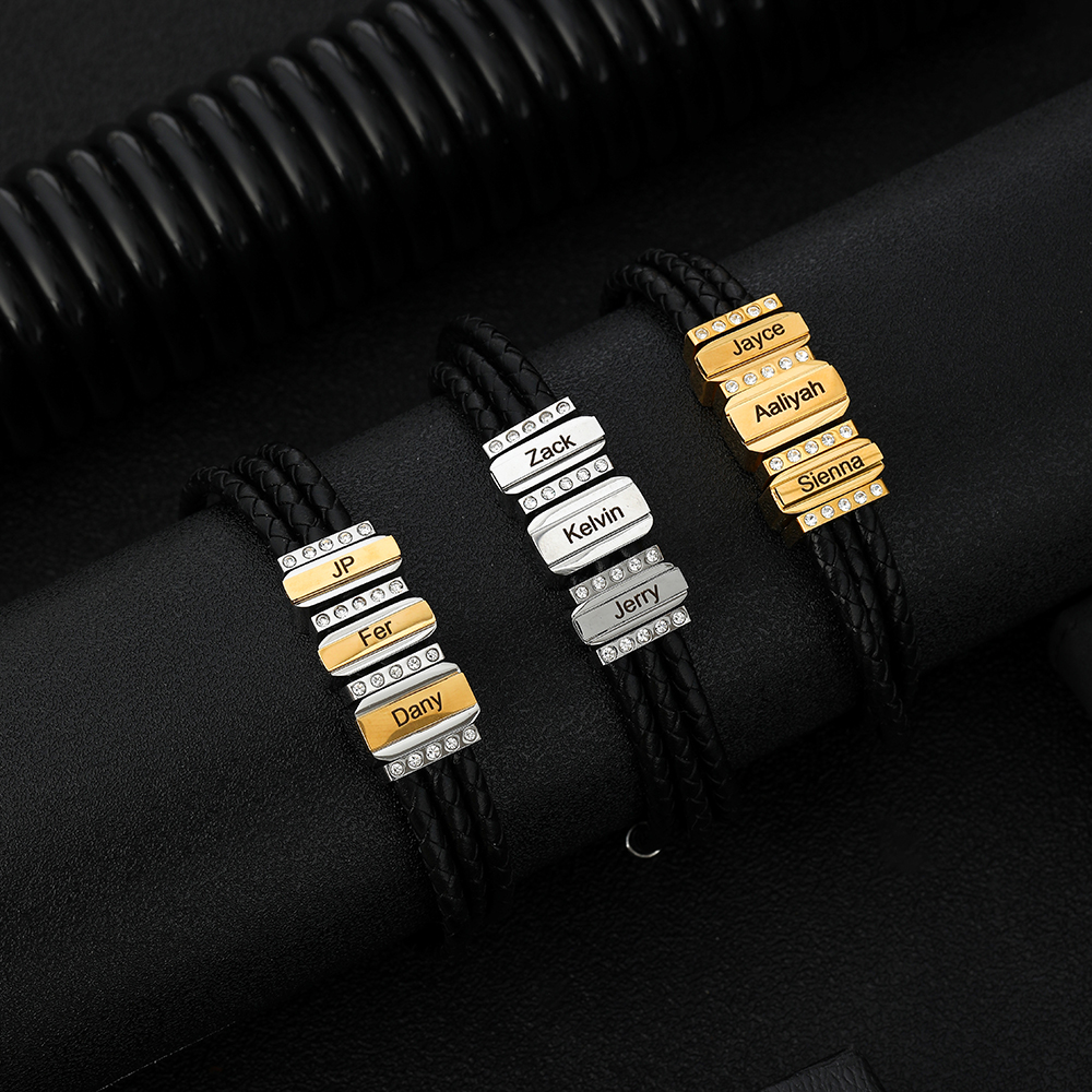 Personalized Mens Leather Bracelet Engraved 3 Names Three Layer Bracelet for Him