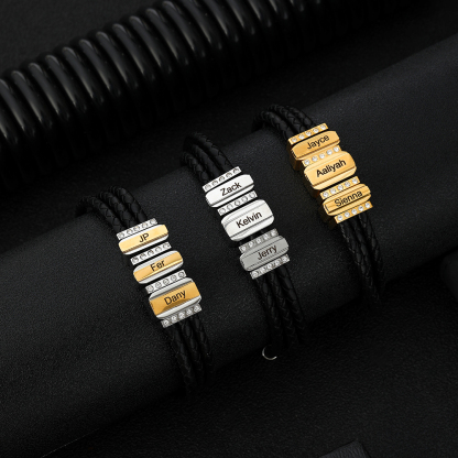 Personalized Mens Leather Bracelet Engraved 3 Names Three Layer Bracelet for Him