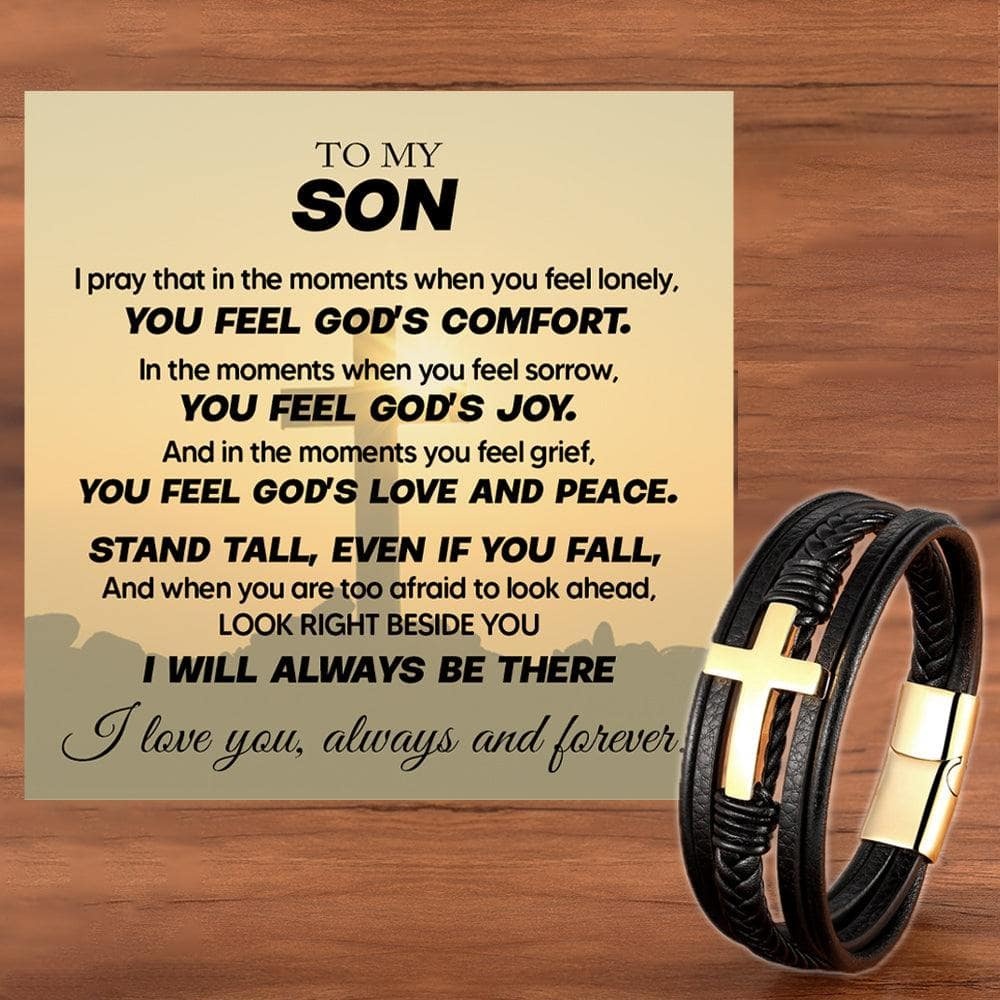 To My Son Braided Leather Cross Bracelets with Magnetic Clasp Gifts for Son