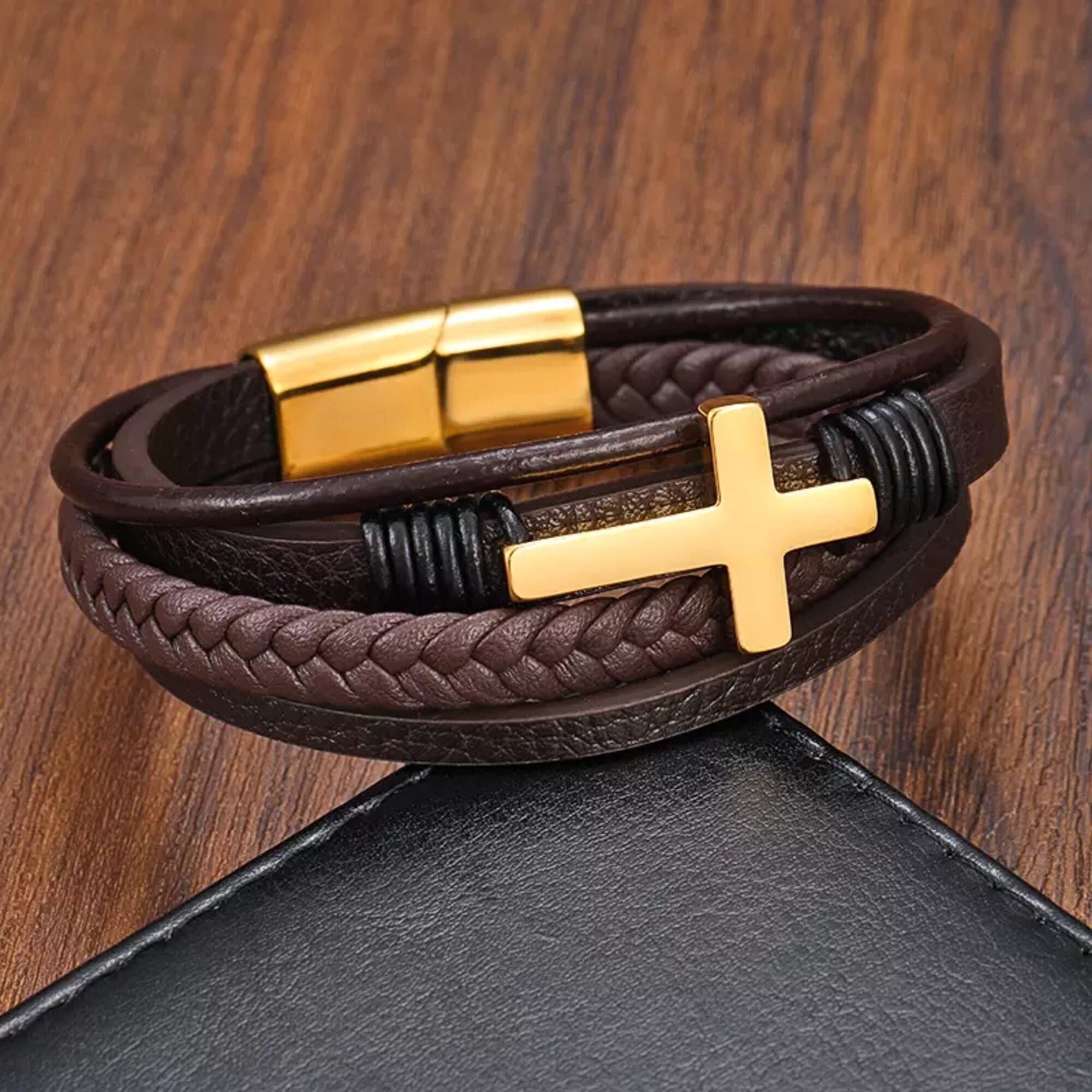 Men Braided Leather Cross Bracelets with Magnetic Clasp Gifts for Him-Lorajewel