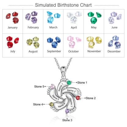 Baby Feet Necklace with 5 Birthstones Engraved 5 Names Family Necklace