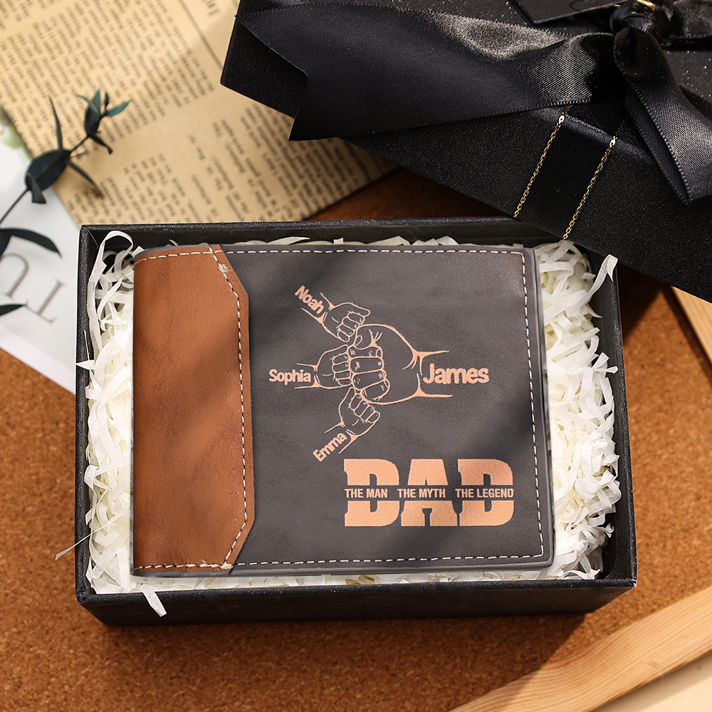 2–9 Names Personalized Men's Leather Wallet Handcrafted in the USA-Custom Billfold Wallet Fist Bump Gift for Dad - The Man, The Myth, The Legend