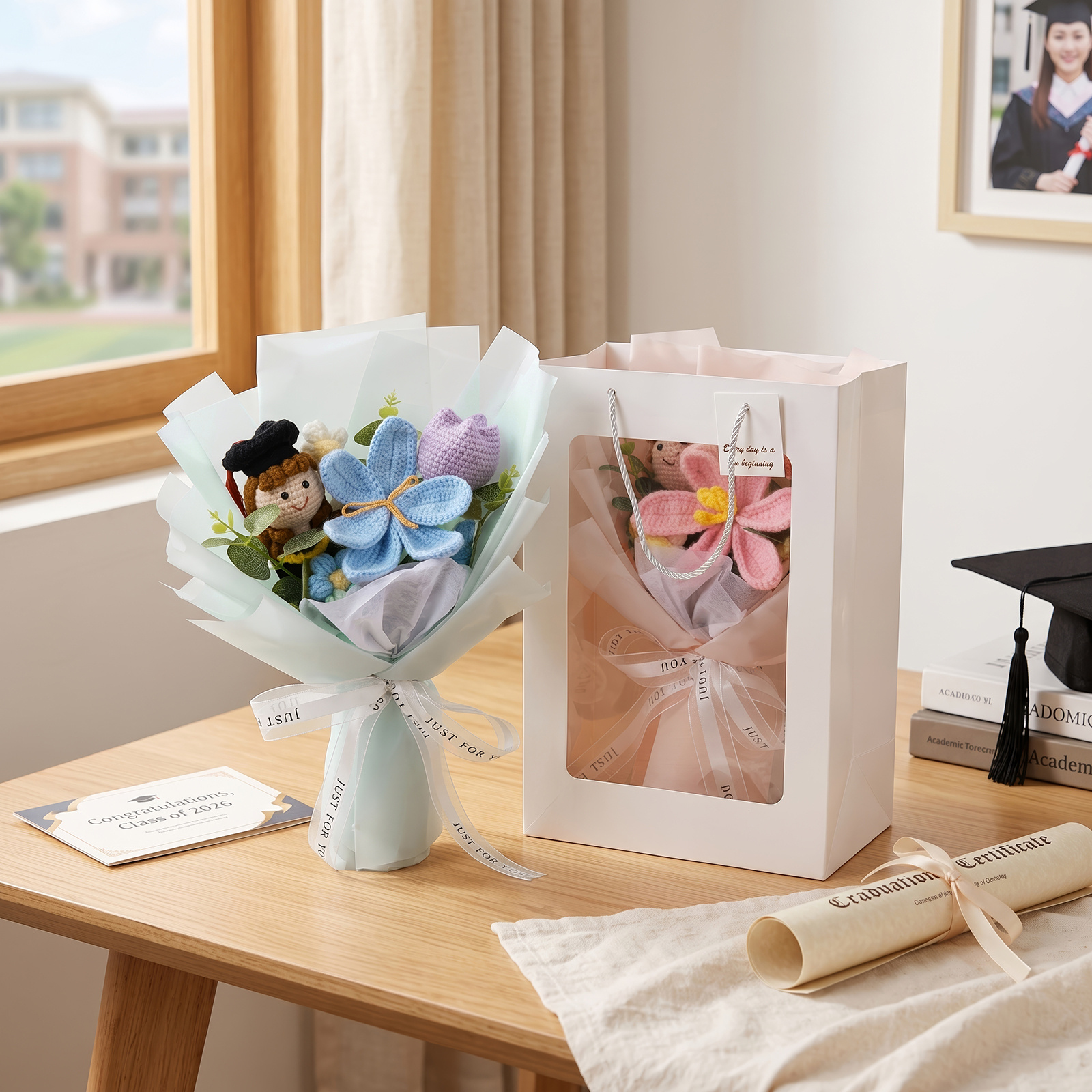 Personalized Hand-Crocheted Graduation Flower Bouquet Gift Box