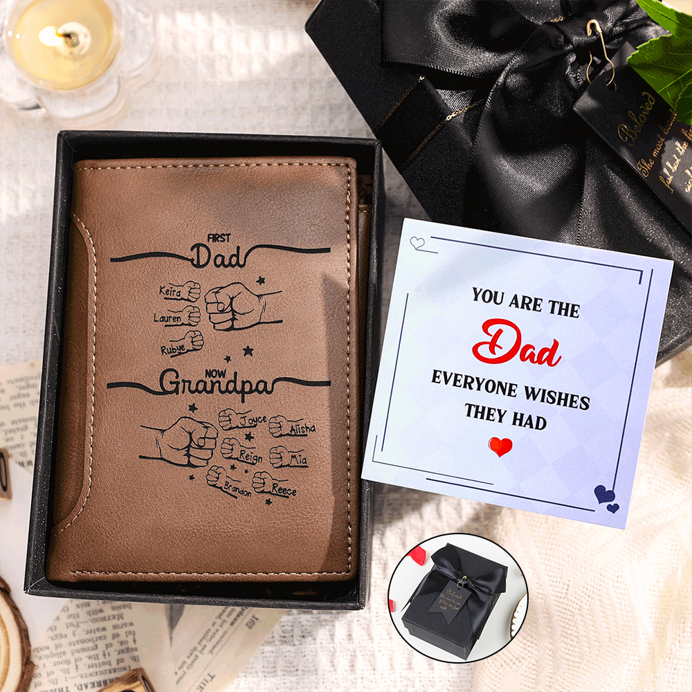Personalized Leather Wallet – “First Dad, Now Grandpa” Fist Bump Design | Lorajewel