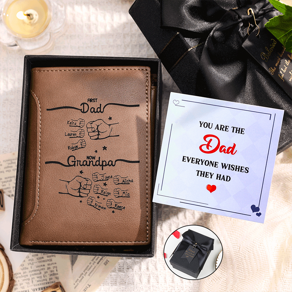 Personalized Leather Wallet – “First Dad, Now Grandpa” Fist Bump Desig