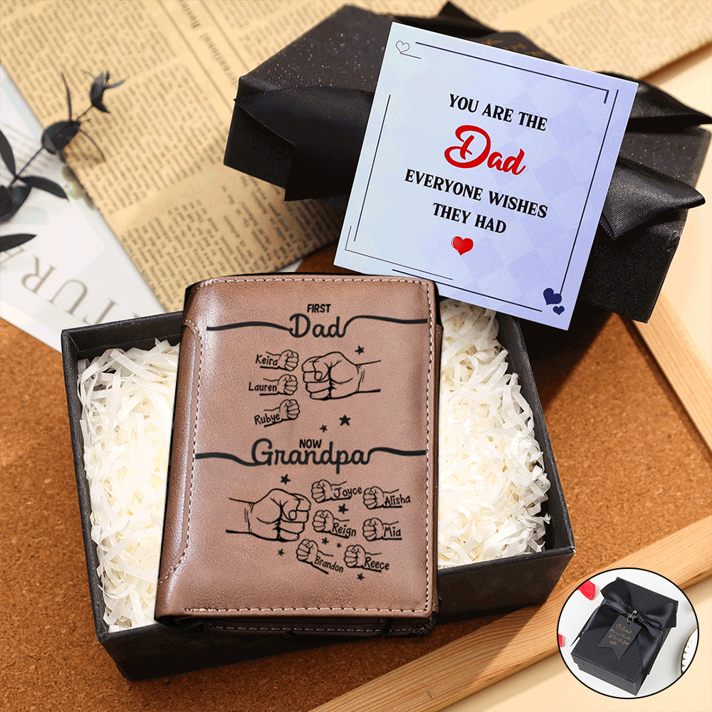 Personalized Leather Wallet – “First Dad, Now Grandpa” Fist Bump Design | Lorajewel