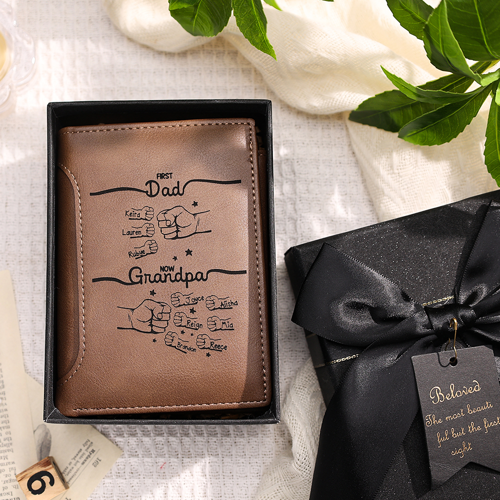 Personalized Leather Wallet – “First Dad, Now Grandpa” Fist Bump Design | Lorajewel