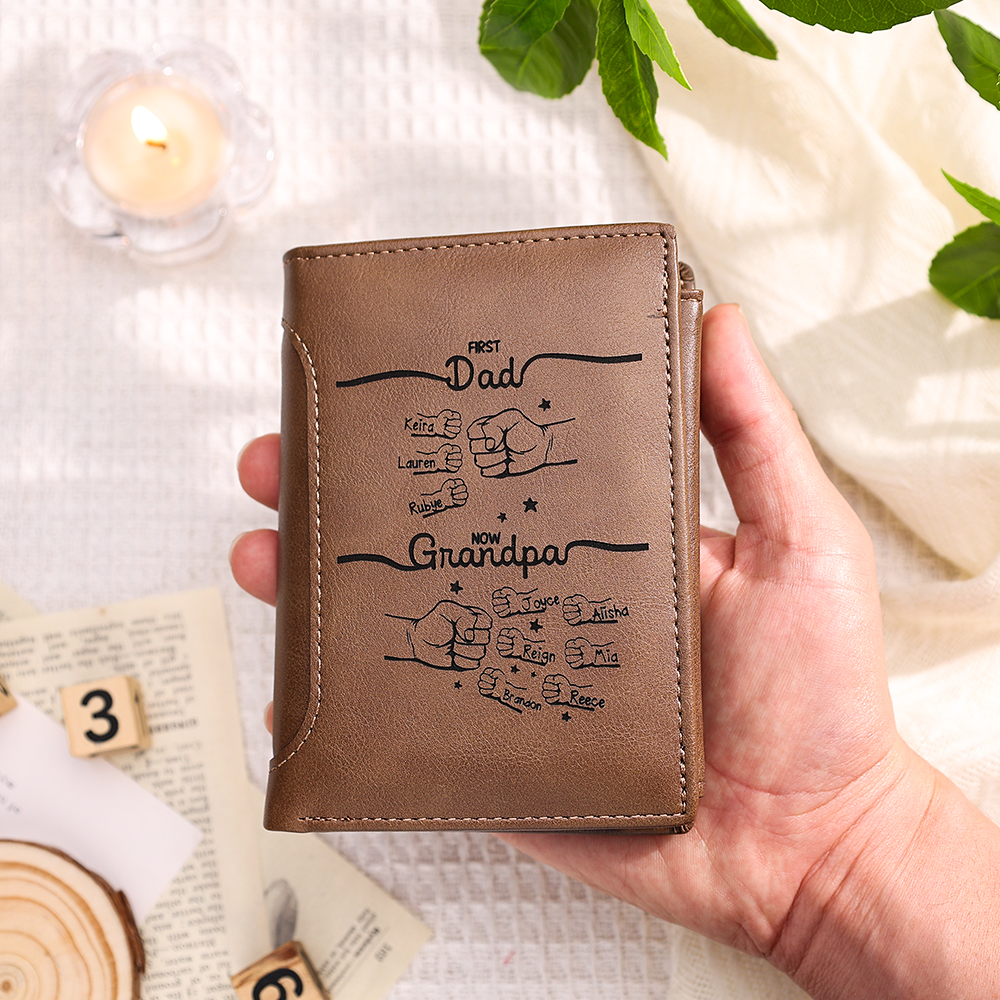 Personalized Leather Wallet – “First Dad, Now Grandpa” Fist Bump Design | Lorajewel