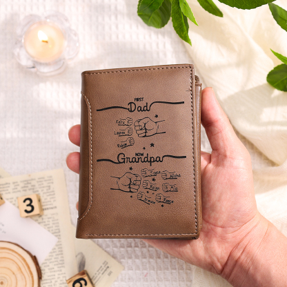 Personalized Leather Wallet – “First Dad, Now Grandpa” Fist Bump Design | Lorajewel