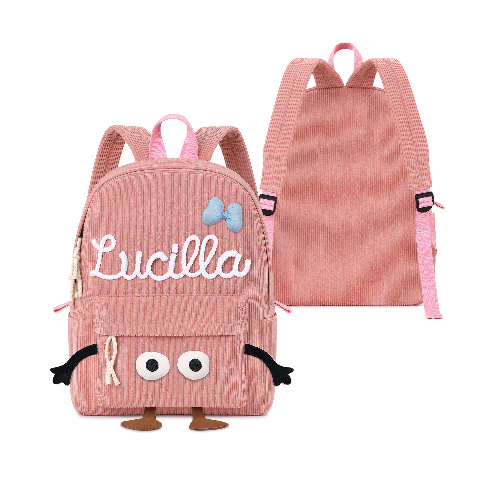 Personalized Corduroy Kids Backpack Customized with Name Cute Cartoon Face School Bag Back-to-School Birthday Gift for Son Daughter Primary School Student Grandson Granddaughter Preschooler