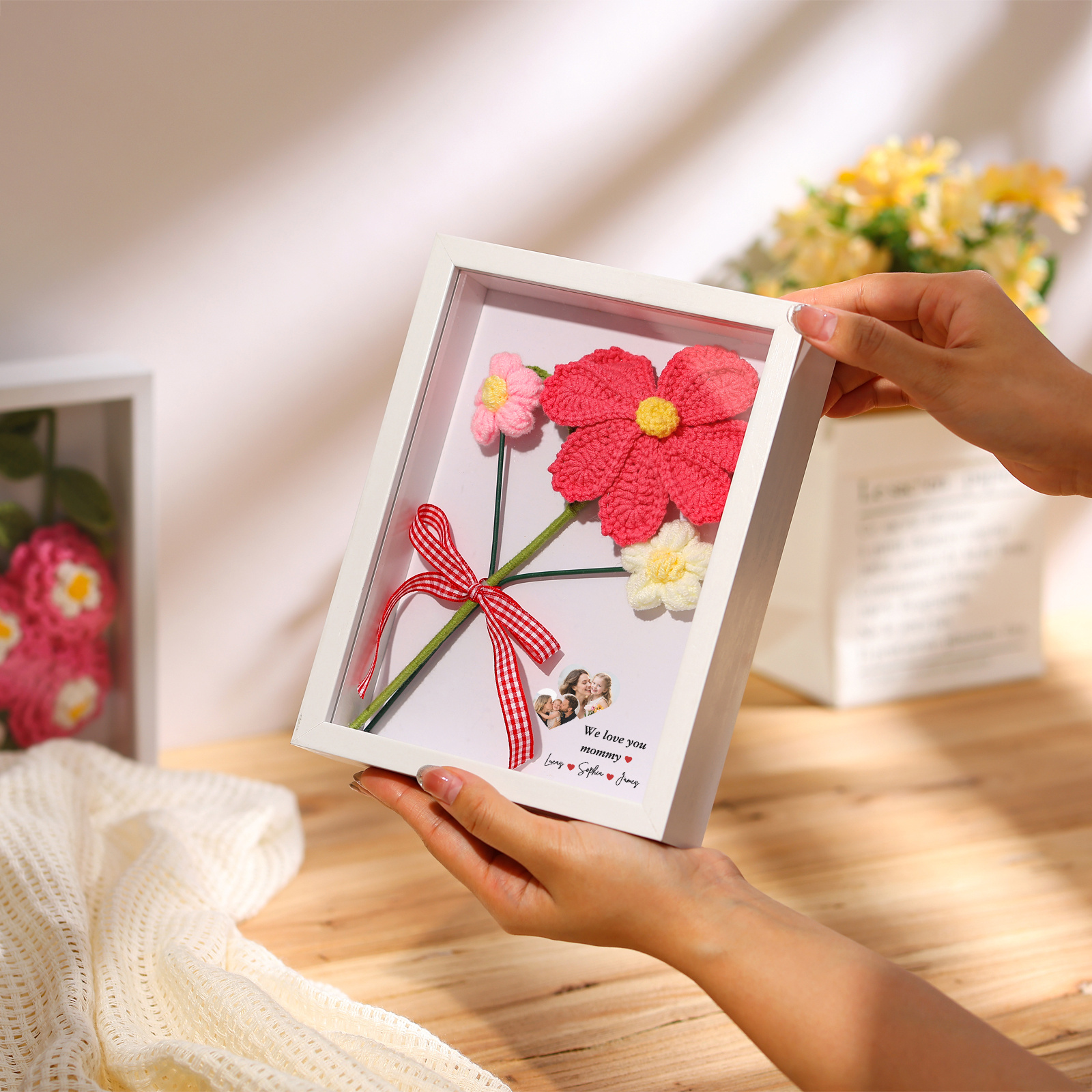 Personalized 3D Peony Crochet Flower Shadow Box Frame