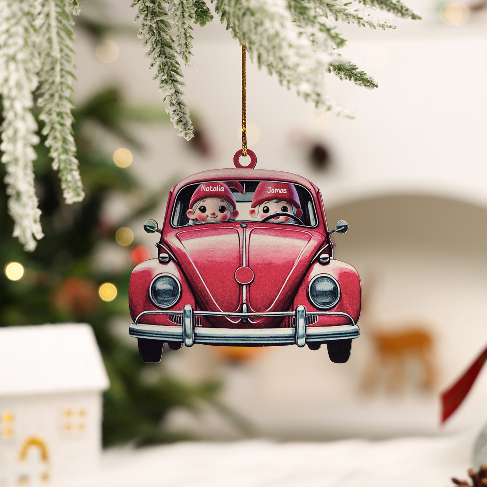 Personalized Red Vintage Car Elf Family Ornament