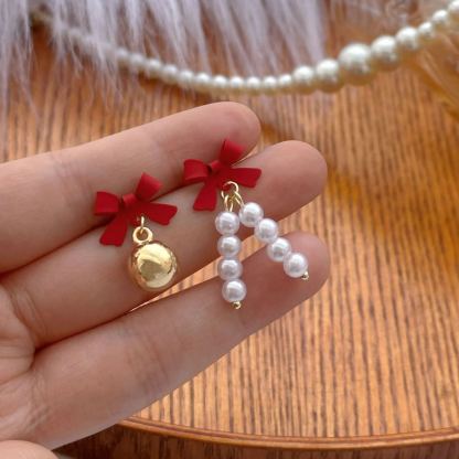 Christmas Asymmetrical Bow & Pearl Earrings Festive Holiday Gift