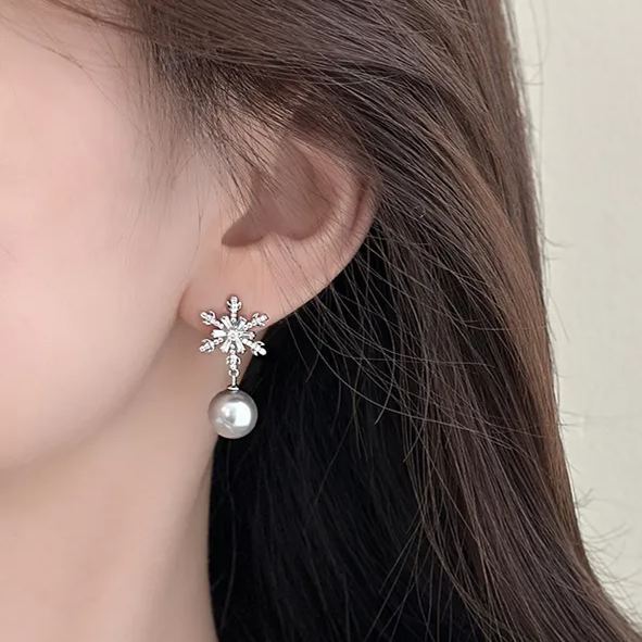 Snowflake Pearl Drop Earrings Elegant Winter Jewelry for Holiday Gifts