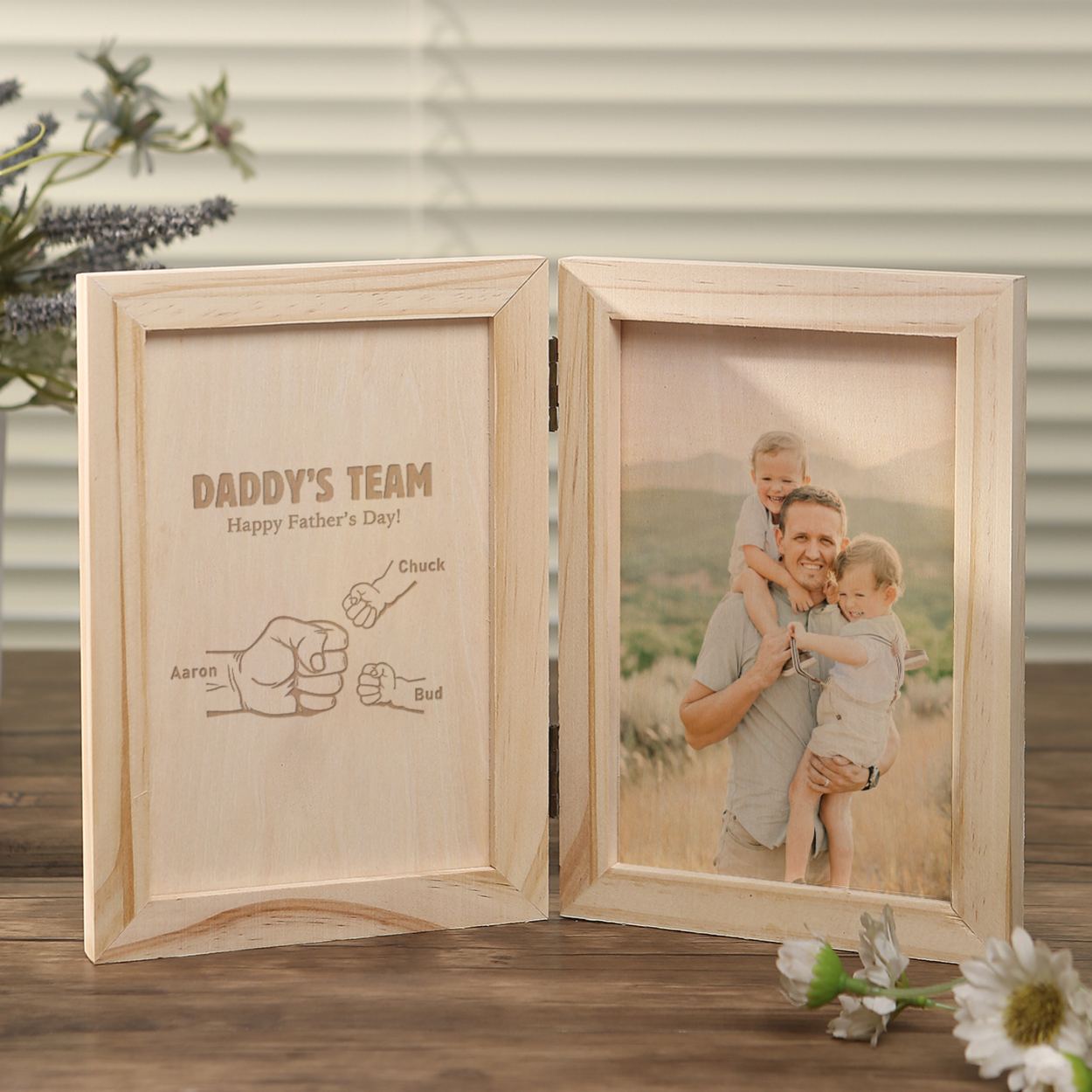 3 Names Personalized Wooden Frame with Photo and Date - Father’s Day Gift | Lorajewel
