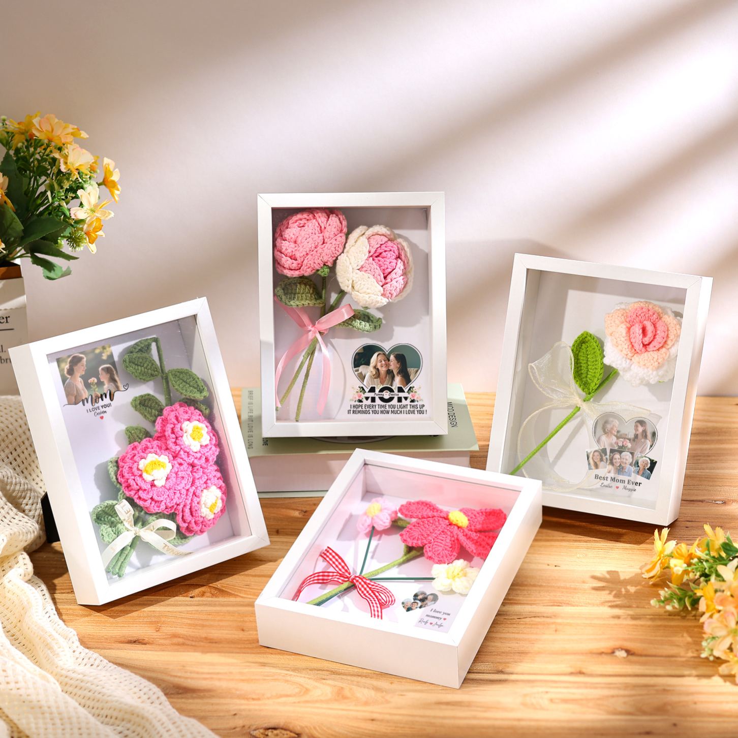 Personalized 3D Peony Crochet Flower Shadow Box Frame