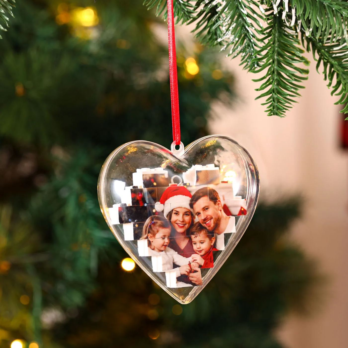 Personalized Photo Heart Christmas Blocks Bauble Ornament