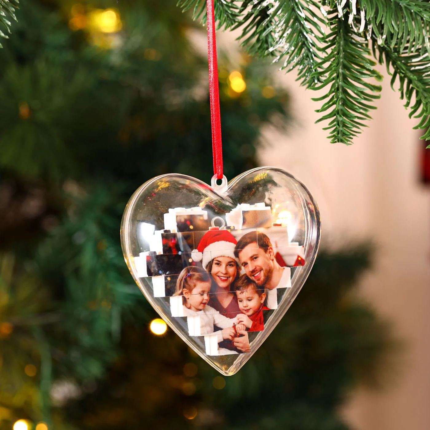 Personalized Photo Heart Christmas Blocks Bauble Ornament