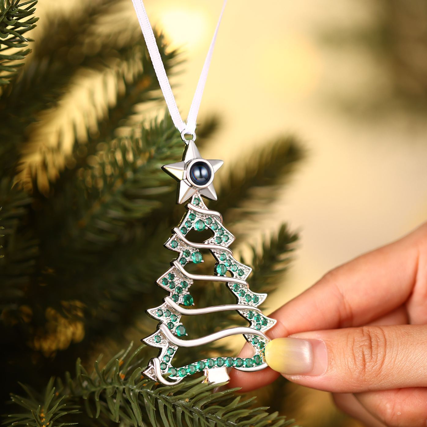 Personalized Photo Projection Christmas Green Tree Star Decoration