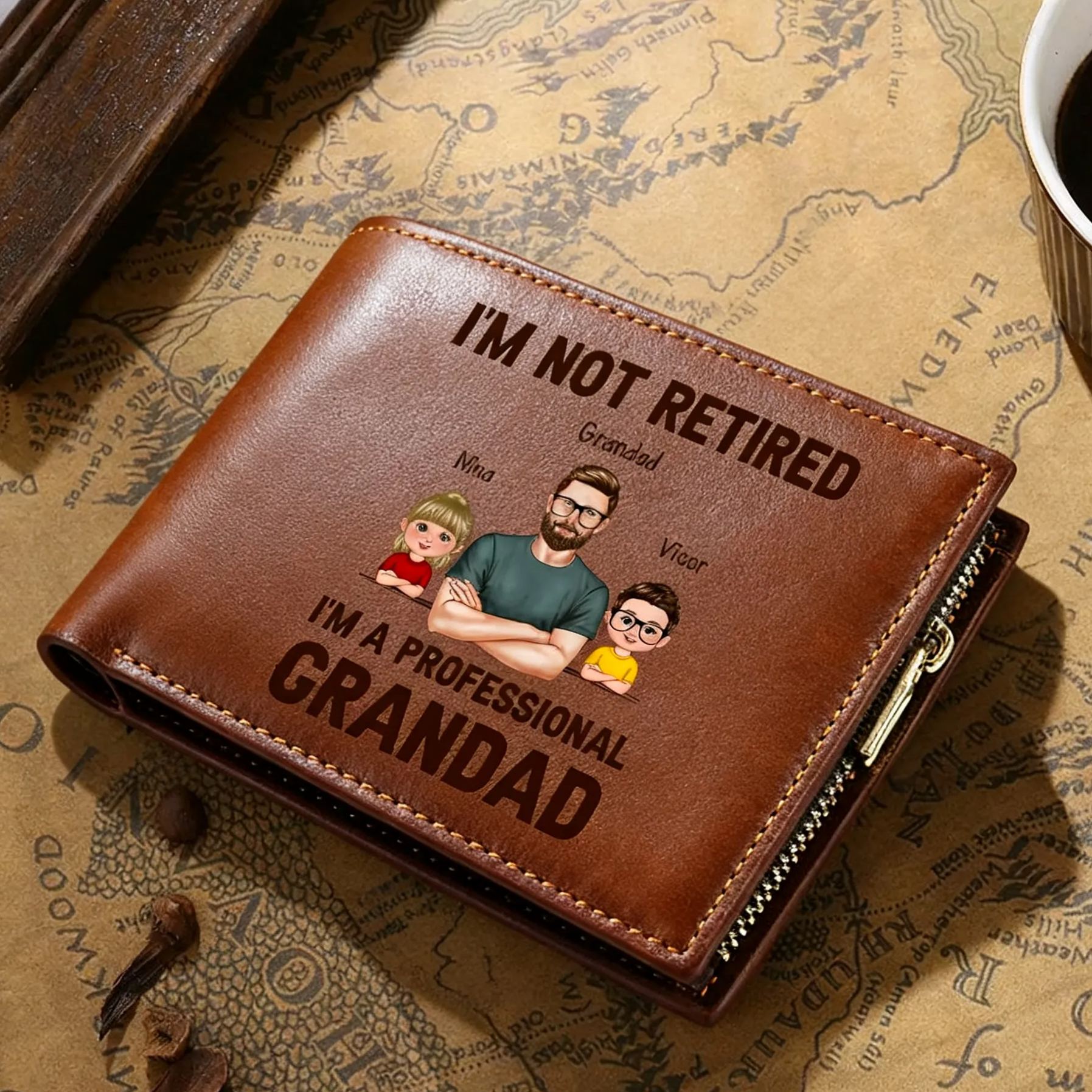 Personalized PU leather wallet, "I'm a professional grandpa"
