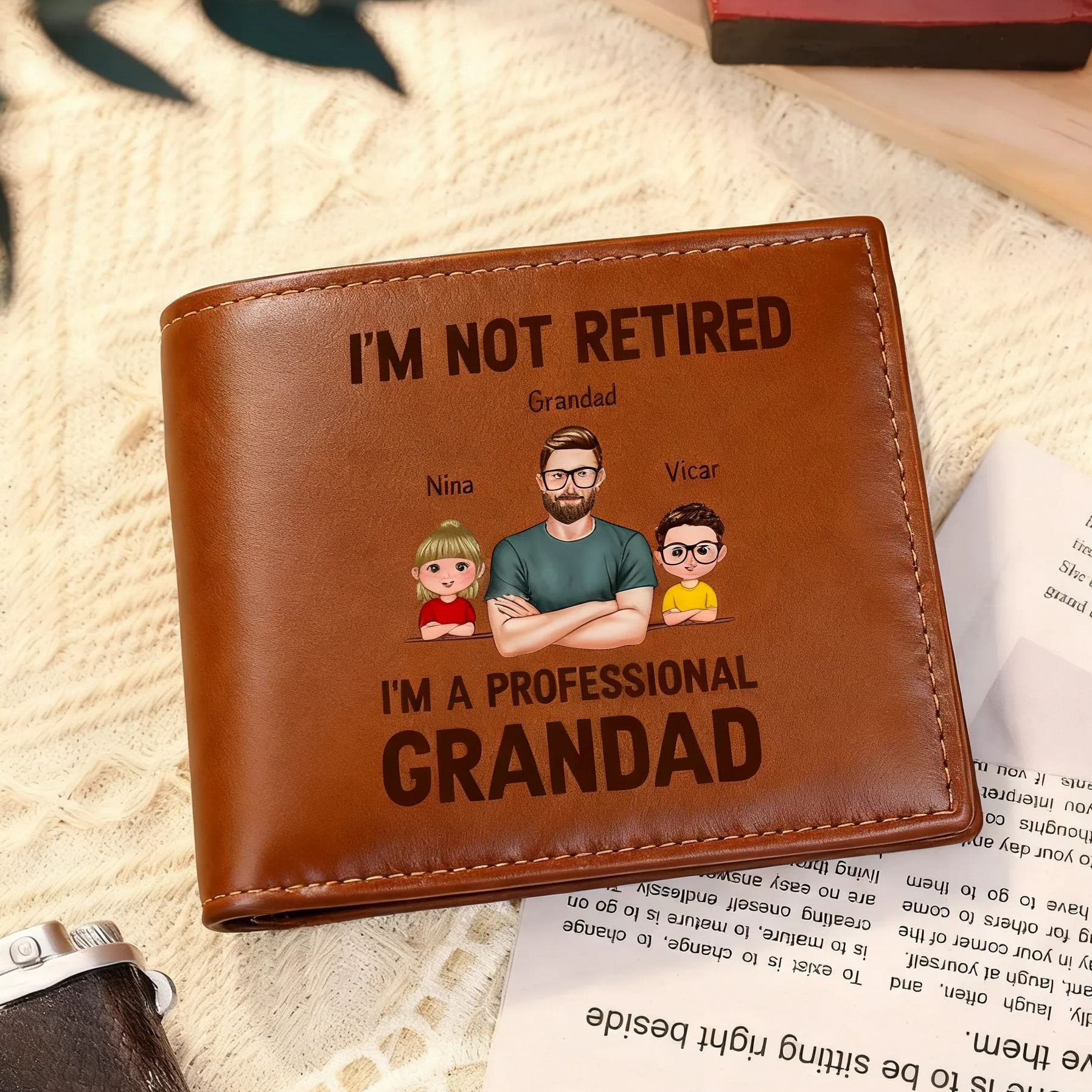 Personalized PU leather wallet, "I'm a professional grandpa"