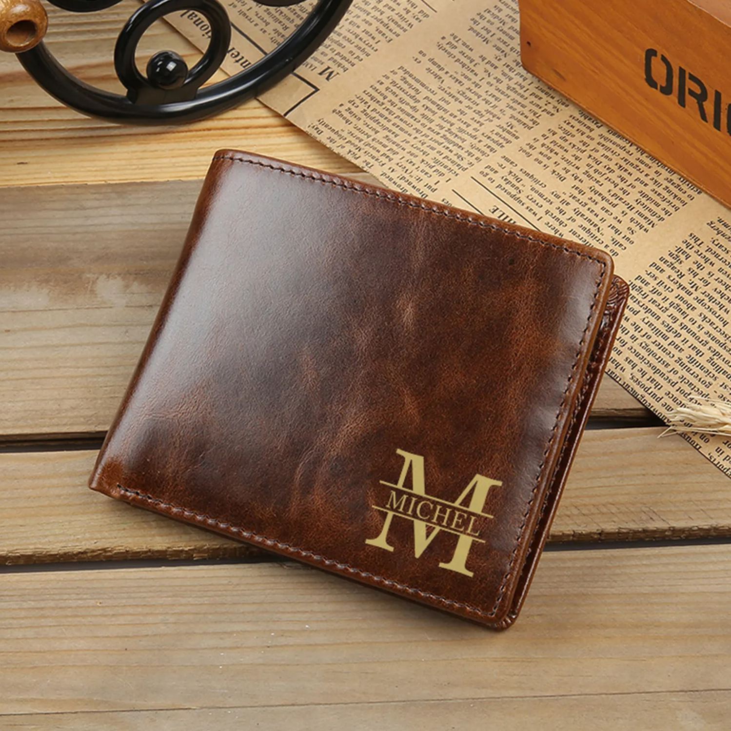 Personalized Leather Wallet with Handwritten Message for Men