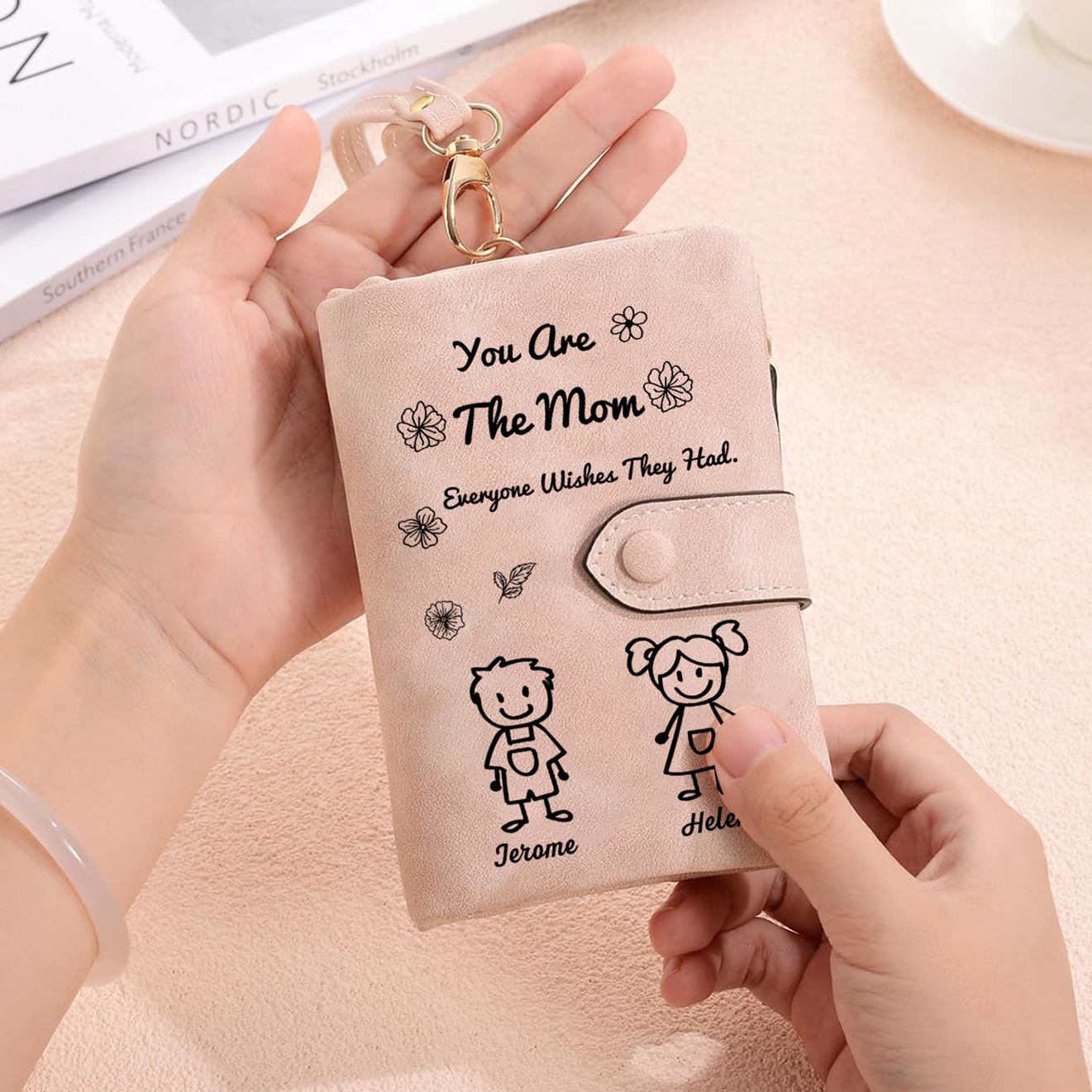 Personalized Women Leather Wallet Purse With Custom Kids And Pet Name 