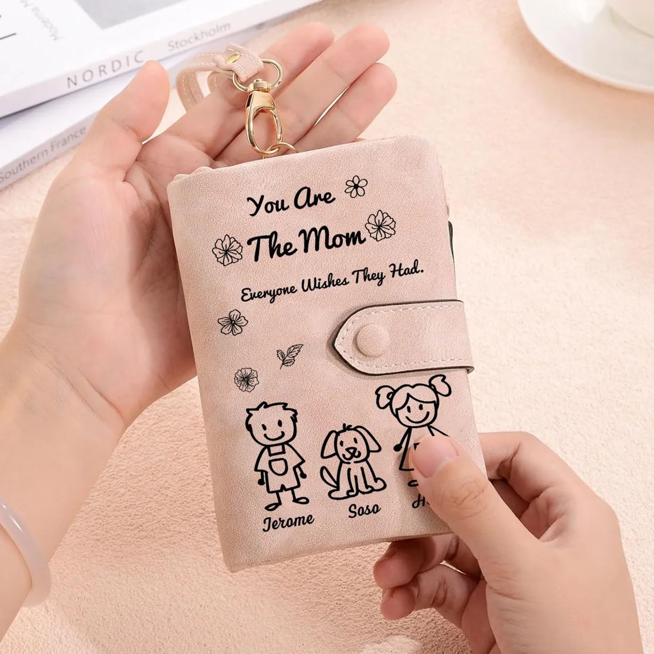 Personalized Women Leather Wallet Purse With Custom Kids And Pet Name 