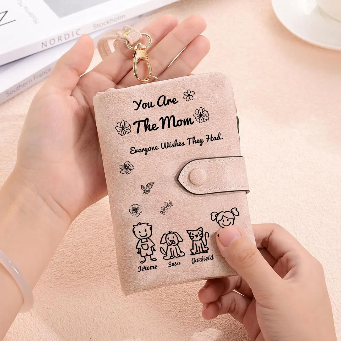 Personalized Women Leather Wallet Purse With Custom Kids And Pet Name 