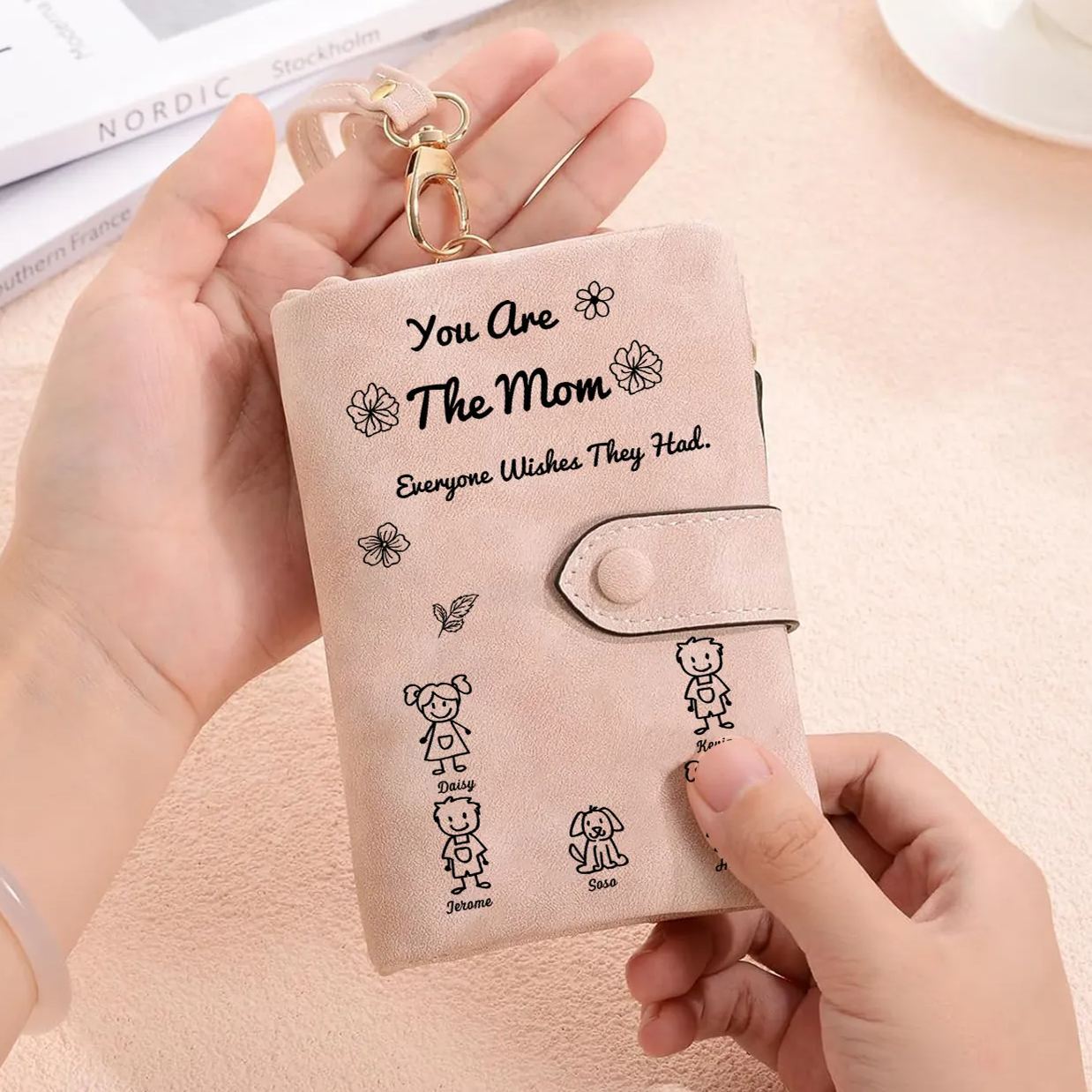 Personalized Women Leather Wallet Purse With Custom Kids And Pet Name 