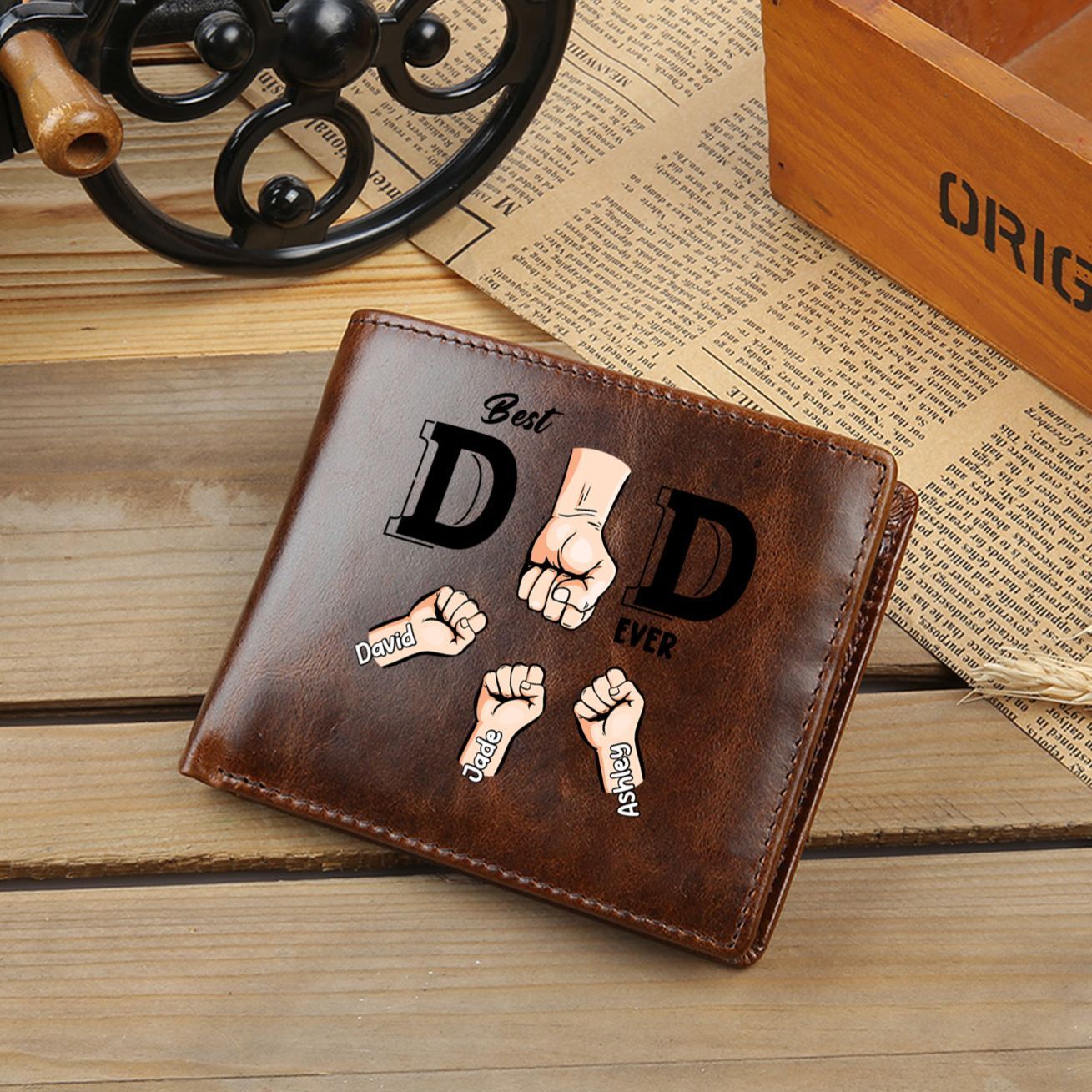 Personalized Genuine Leather Wallet with Names and Fist Bumps – Best Grandpa/Dad Ever