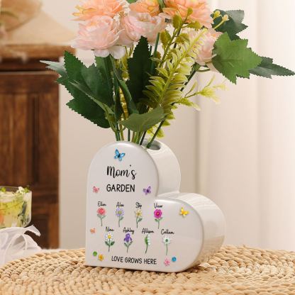 Personalized Ceramic Heart Vase with 1 to 10 Names and Birth Flowers for Mom/Grandma