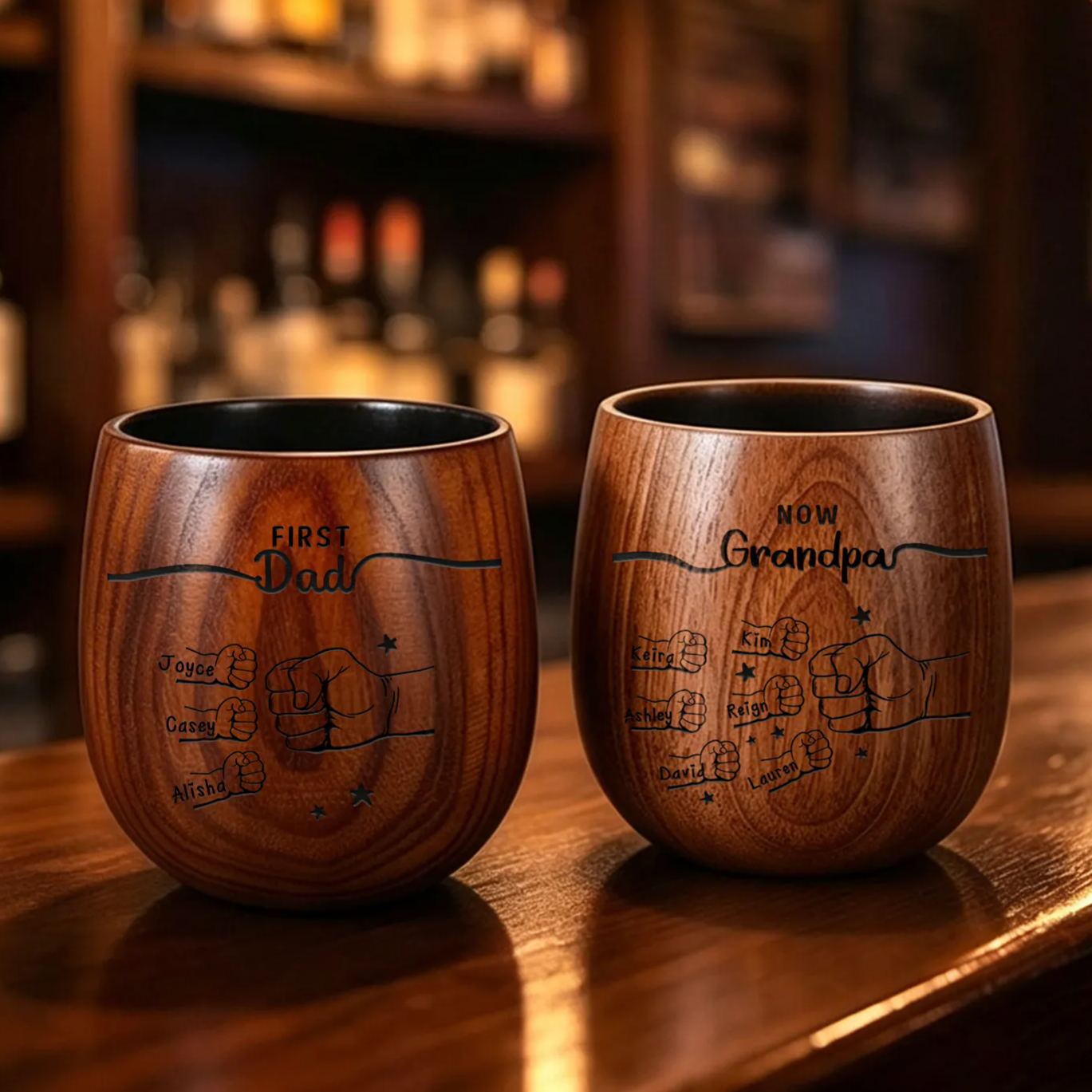 Personalized Fist Bump Wooden Whiskey Glass for Dad/Grandpa