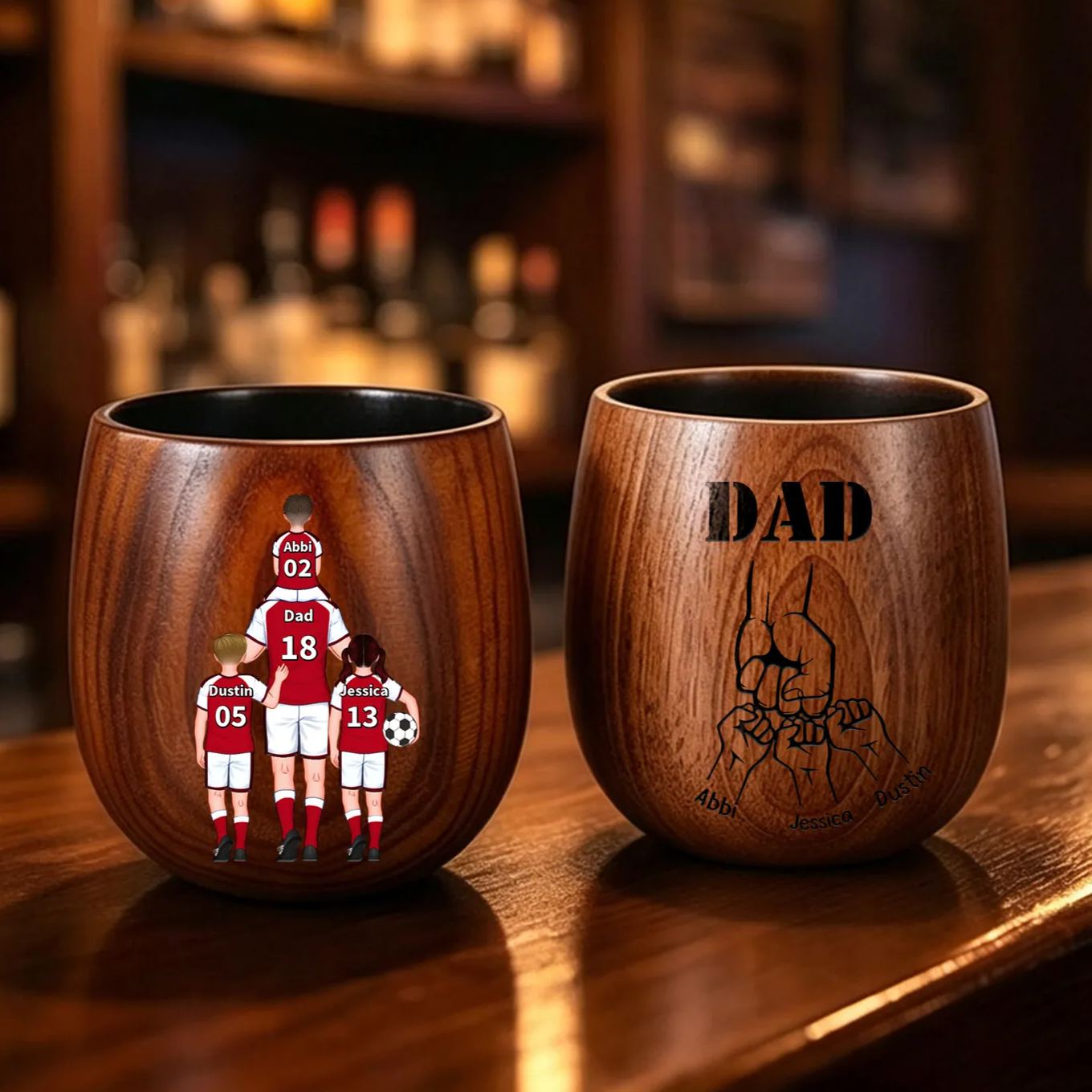 Personalized Football Dad Wooden Whiskey Tumbler Cup with 1–5 Names
