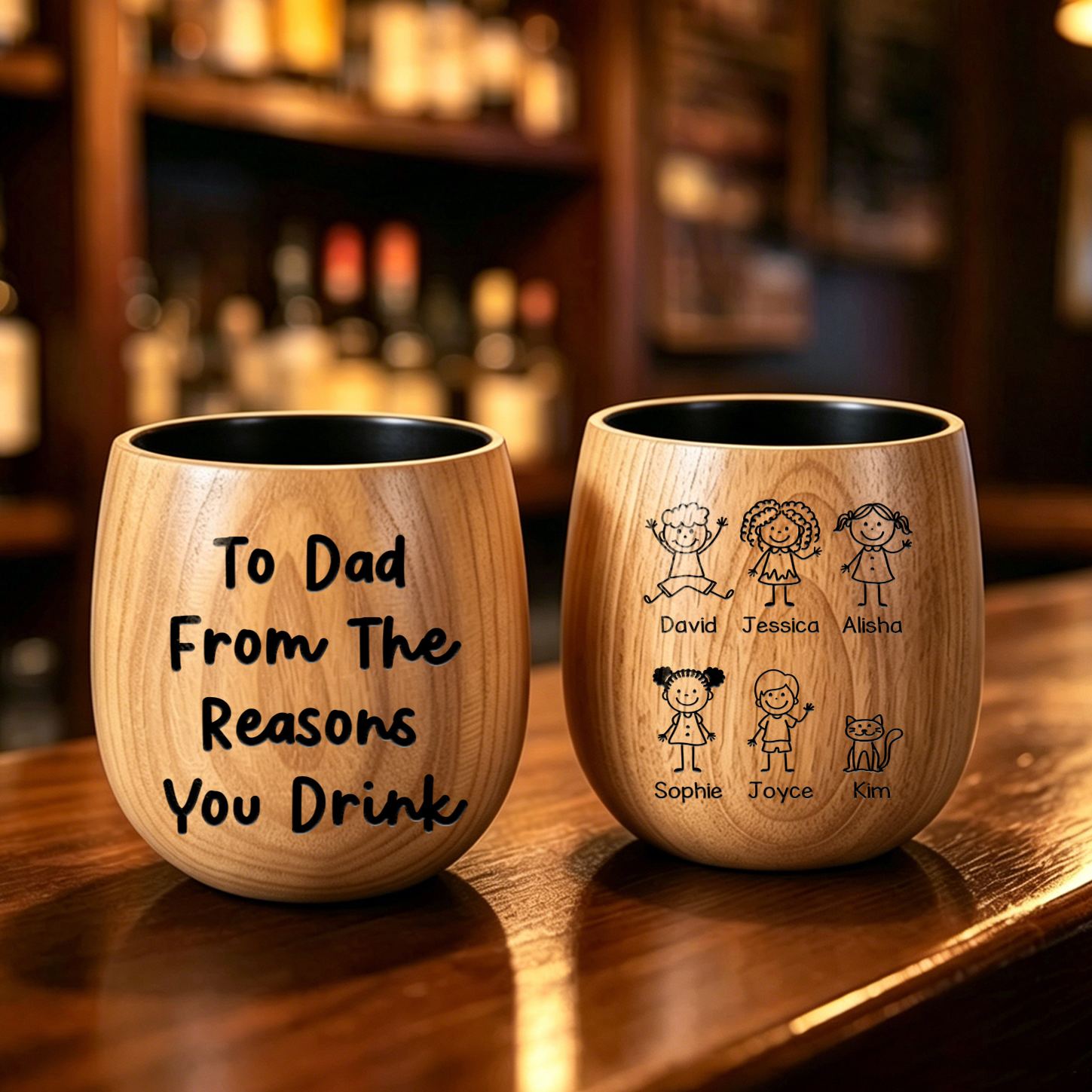 Personalized Wooden Whisky Tumbler Engraved Mug Customized with 1–8 Children’s Names