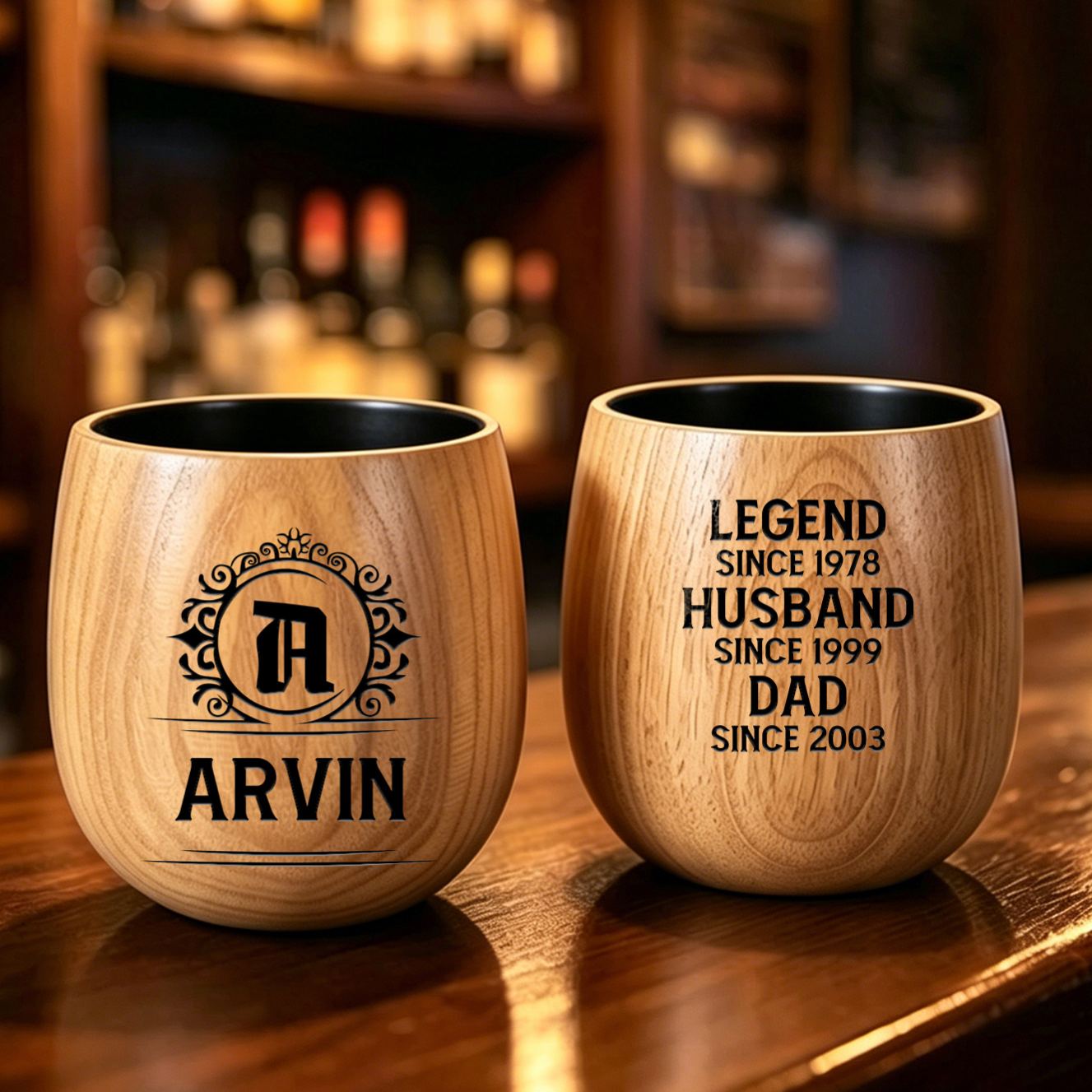 Personalized Engraved Wooden Whiskey Tumbler Cup for Dad or Grandpa