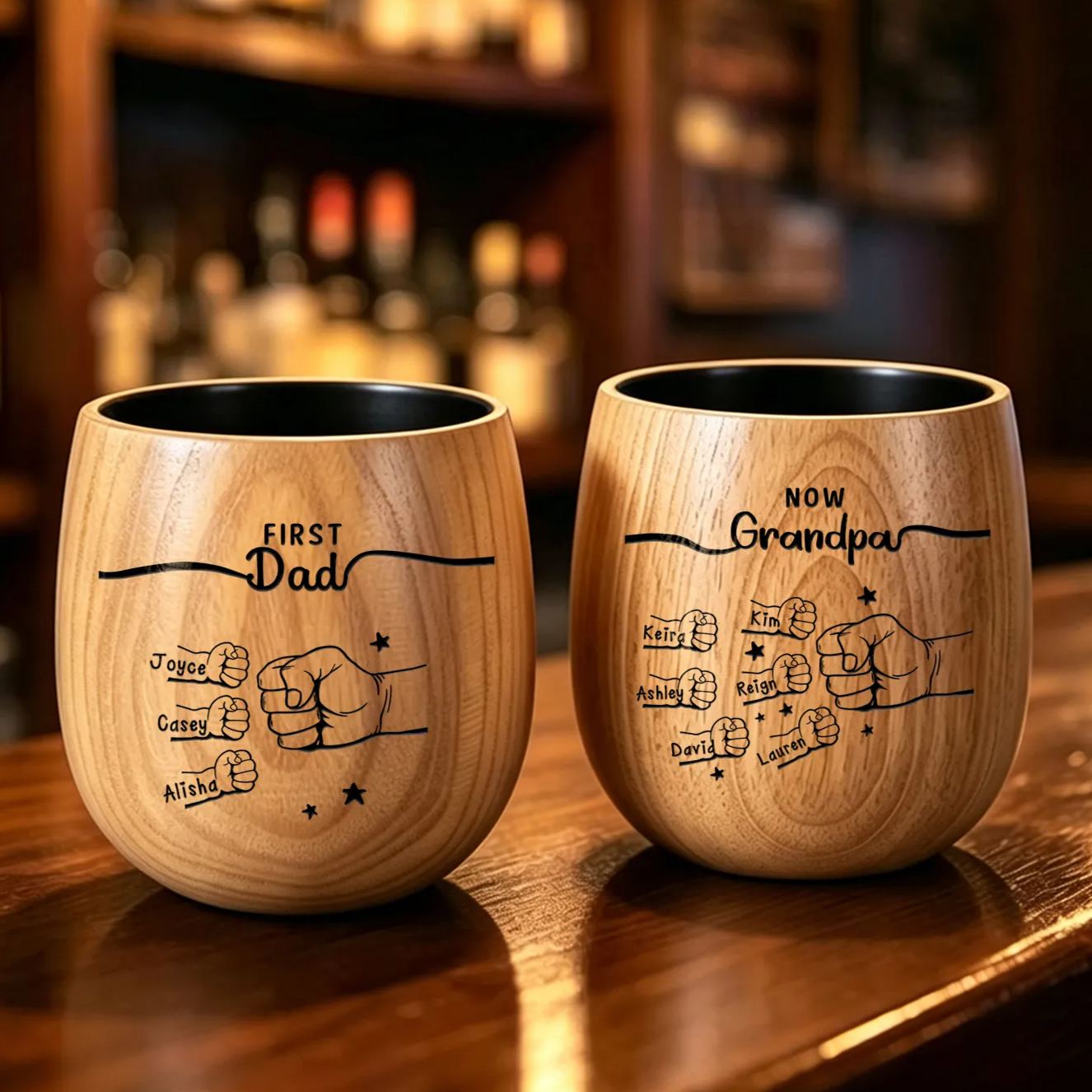 Personalized Fist Bump Wooden Whiskey Glass for Dad/Grandpa