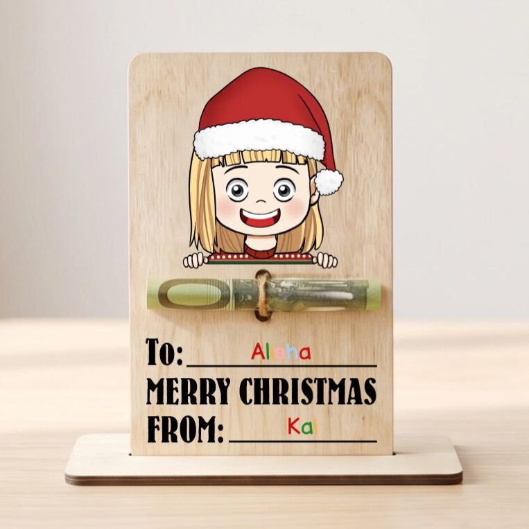 Personalised Wooden Christmas Money Holder with 2 Names – Cash Gift Card for Child