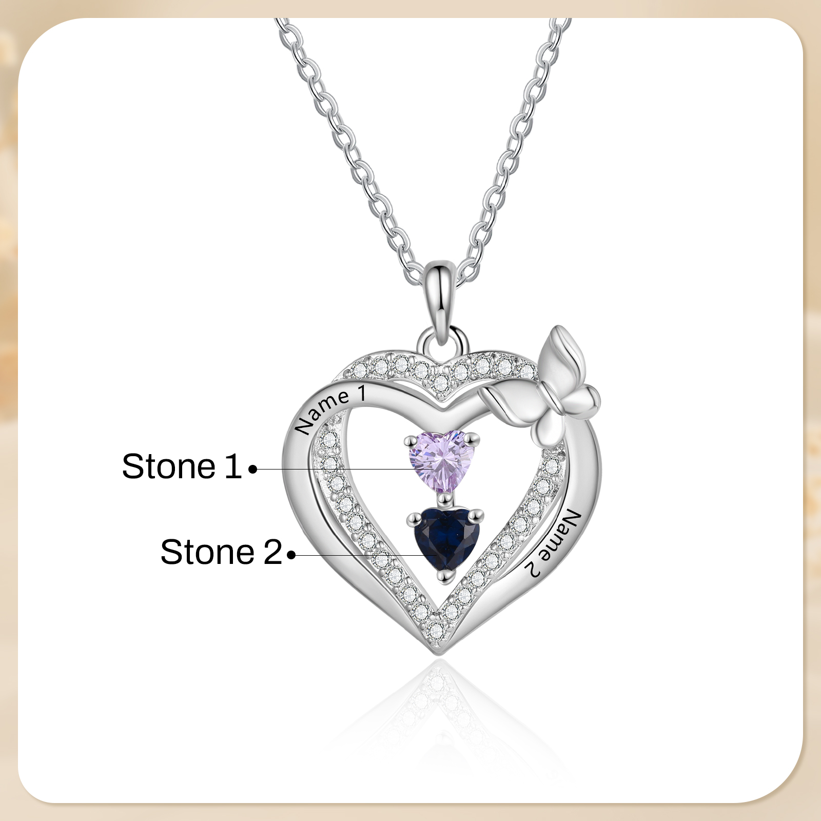 Personalized 1-3 Names Butterfly Heart Birthstone Necklace