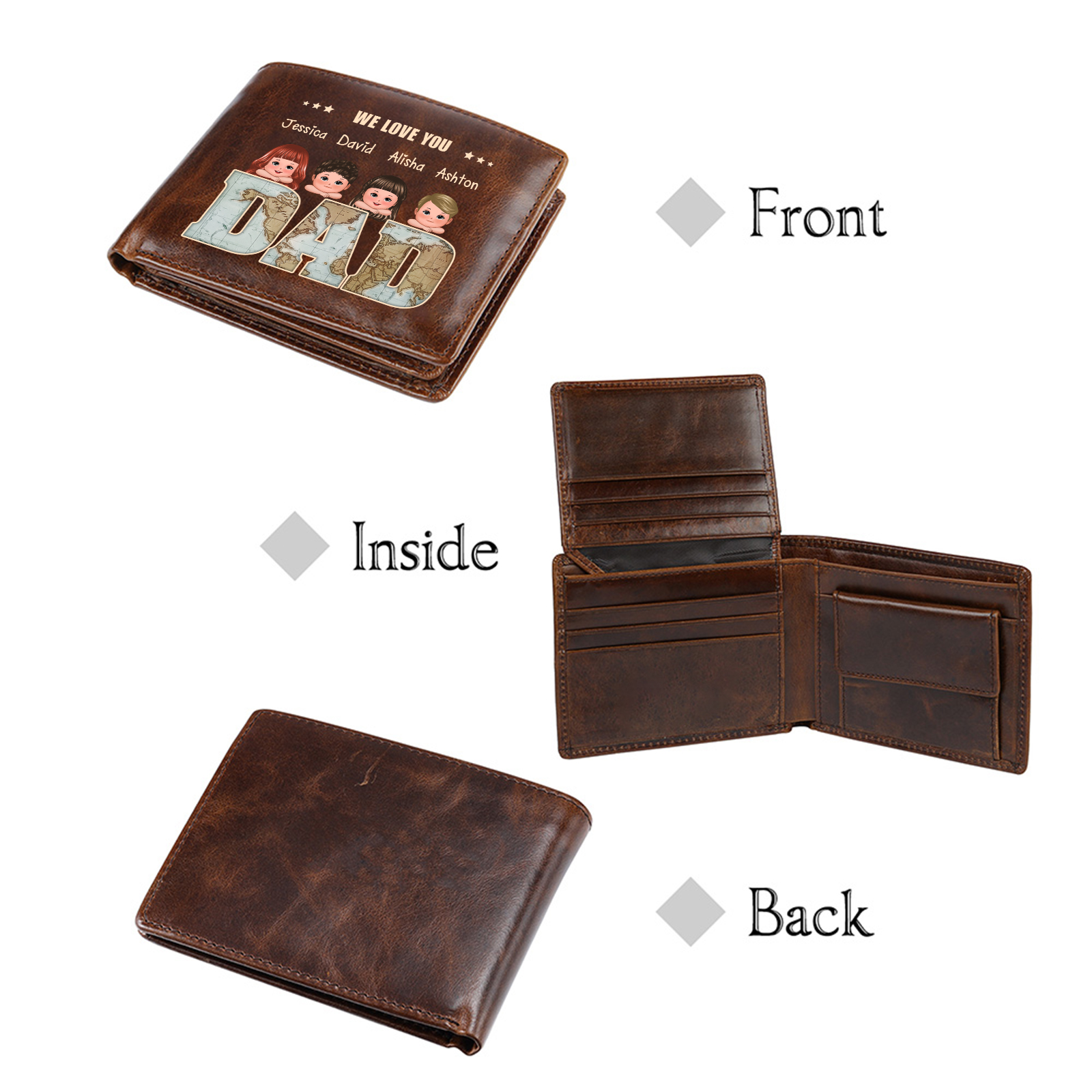 Custom Leather Bifold Wallet with Names