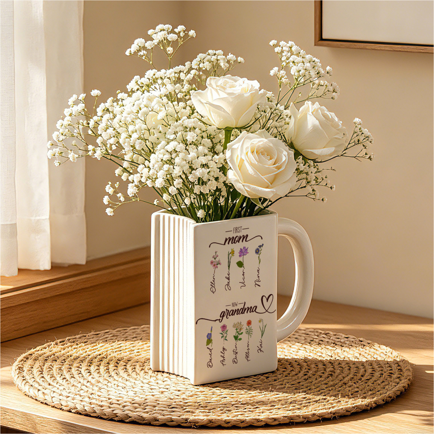 Personalised Book-Shaped Vase with 2 to 10 Names and Birth Flowers for Mum or Nanny