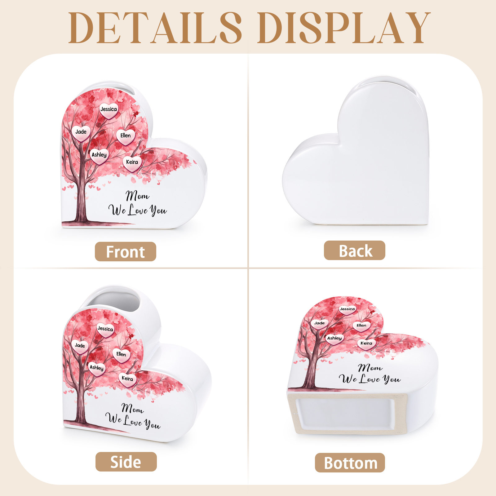Personalized Family Tree Design Pink Heart-Shaped Ceramic Vase with 1–12 Names