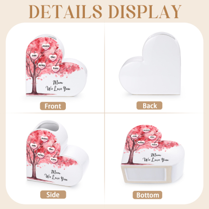 Personalized Family Tree Design Pink Heart-Shaped Ceramic Vase with 1–12 Names