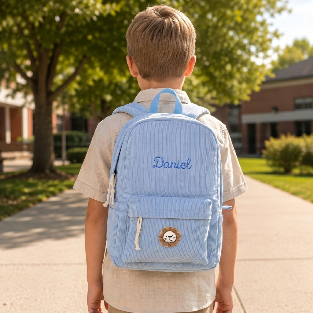 Personalized Corduroy Kids Backpack with Embroidered Name and Cute Patch School Bag for Children
